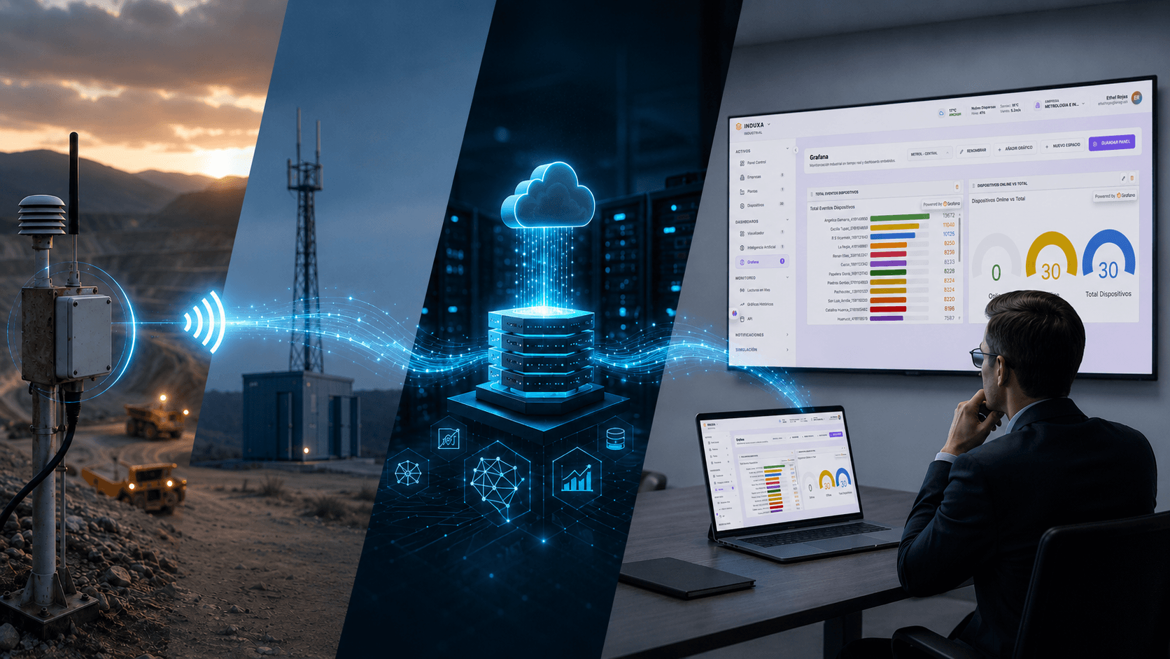 Diagrama del flujo de datos desde los sensores en campo hasta el dashboard gerencial de Induxa
