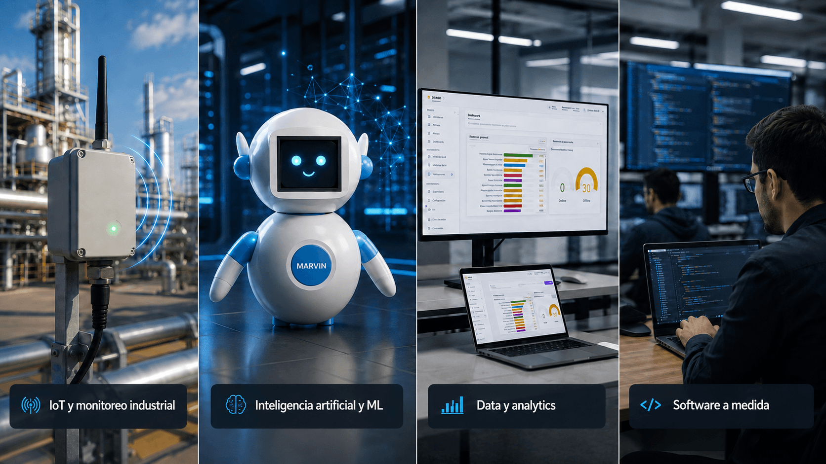 Los cuatro servicios de DRAGO convergiendo en una sola fuente de datos