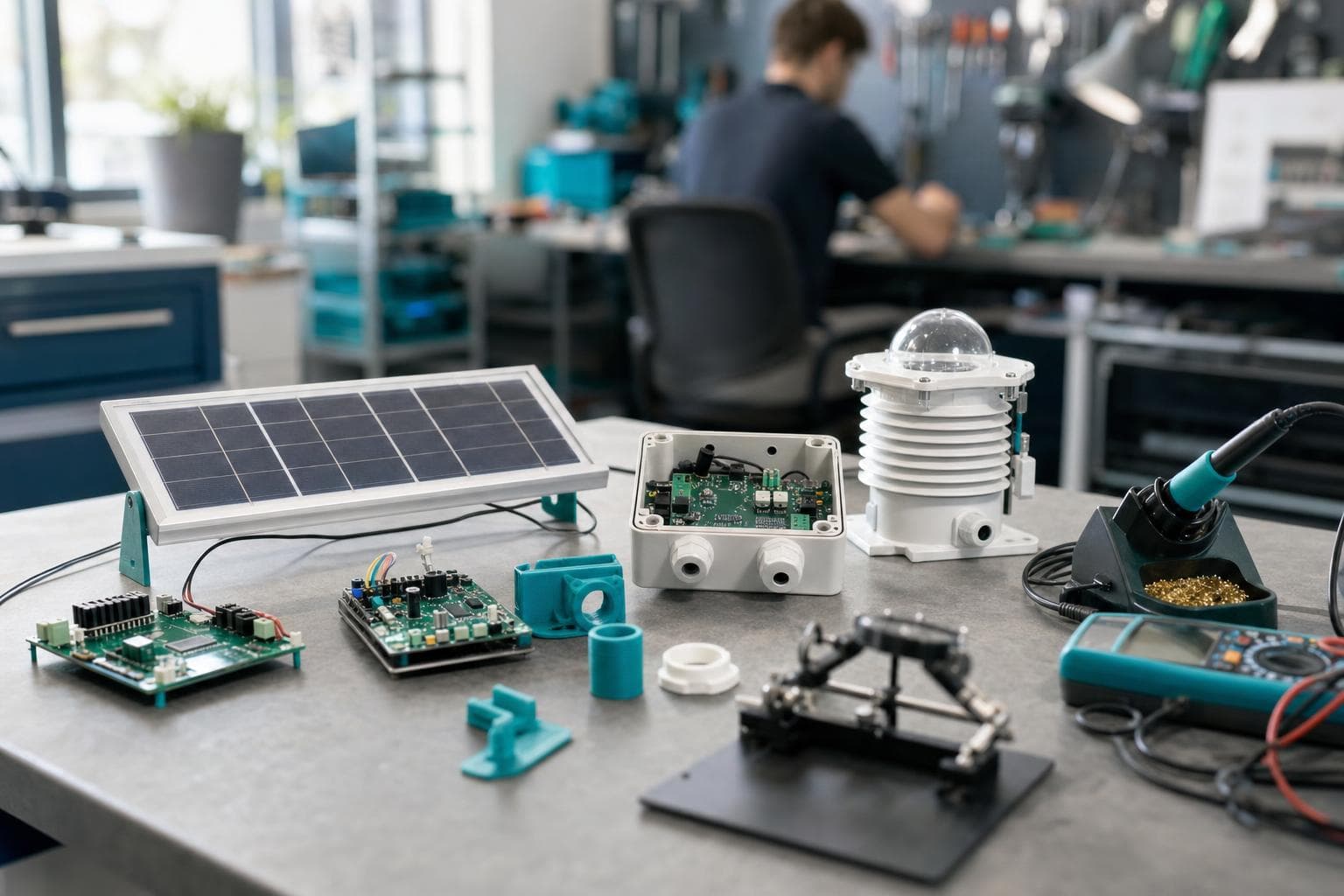 Mesa de laboratorio con placas electrónicas, panel solar y carcasas de sensores en prototipo