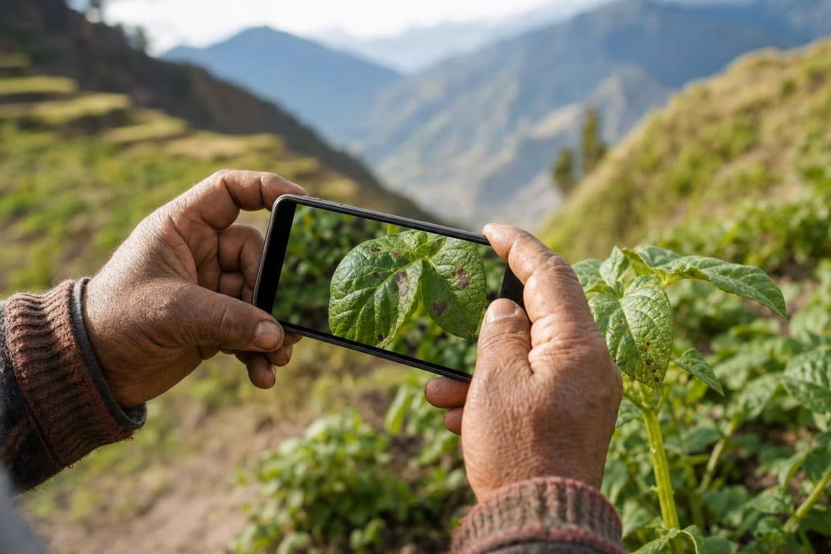 Agricultor tomando una foto a la hoja de su planta de papa en una chacra de los Andes