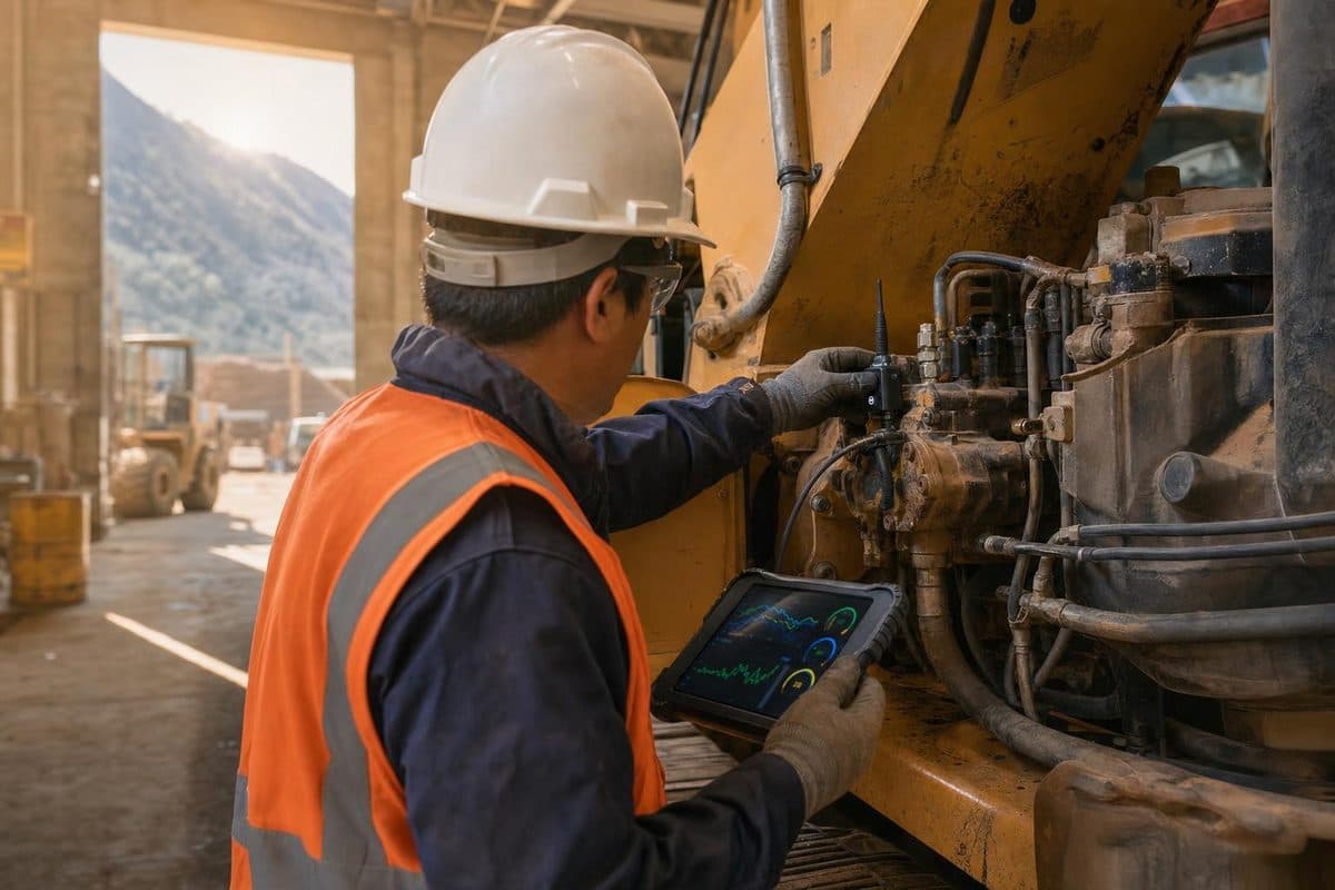 Técnico instalando un sensor IoT en la bomba hidráulica de una excavadora