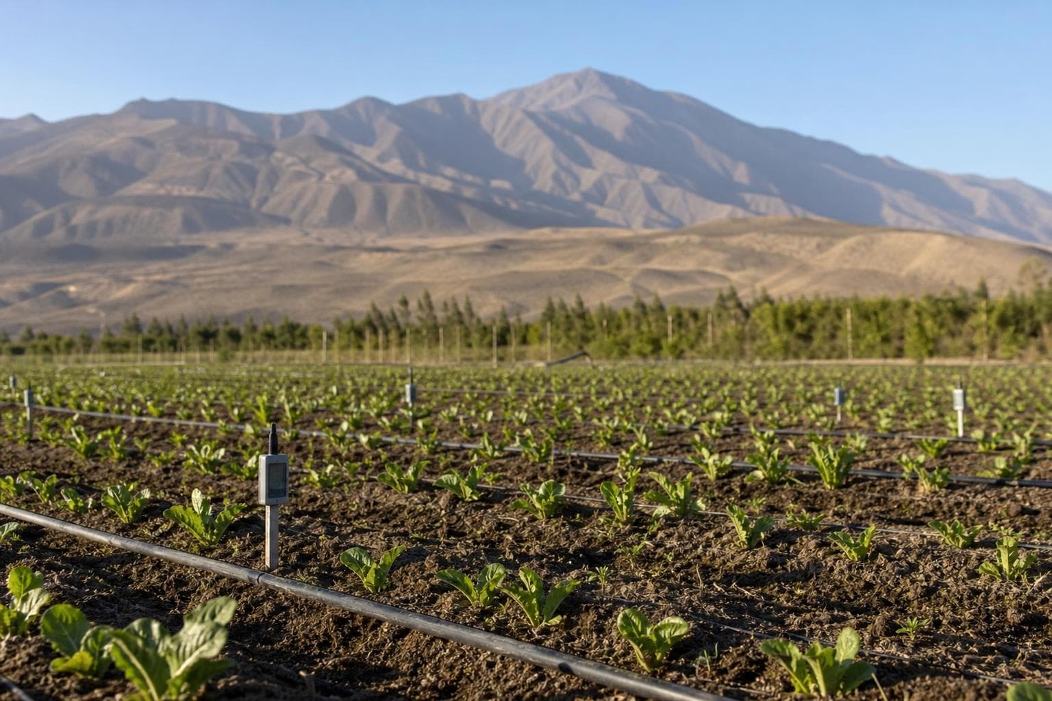 Campo agrícola peruano con sistema de riego tecnificado y sensores de suelo