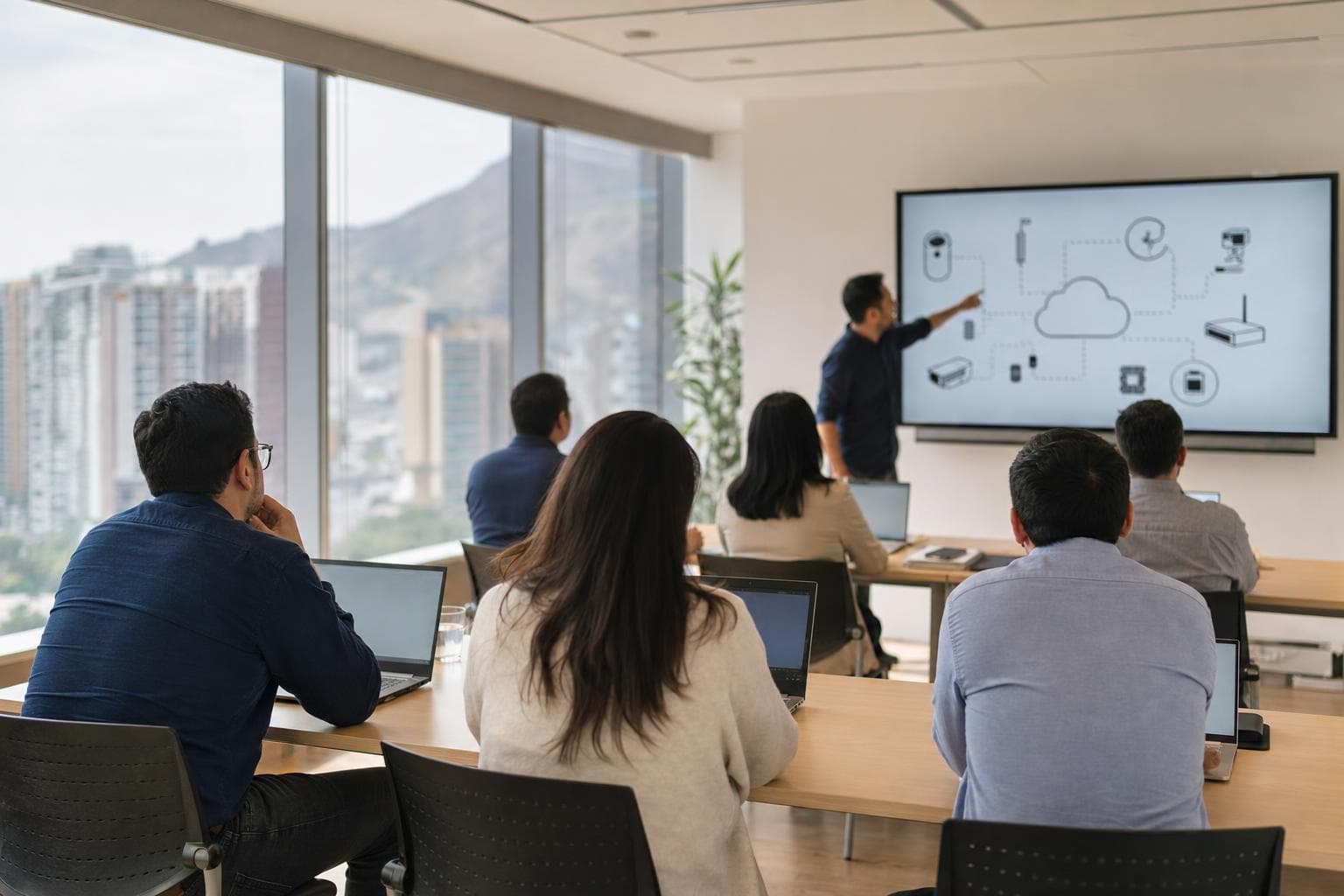 Profesionales en una sesión de capacitación observando un diagrama de sensores conectados
